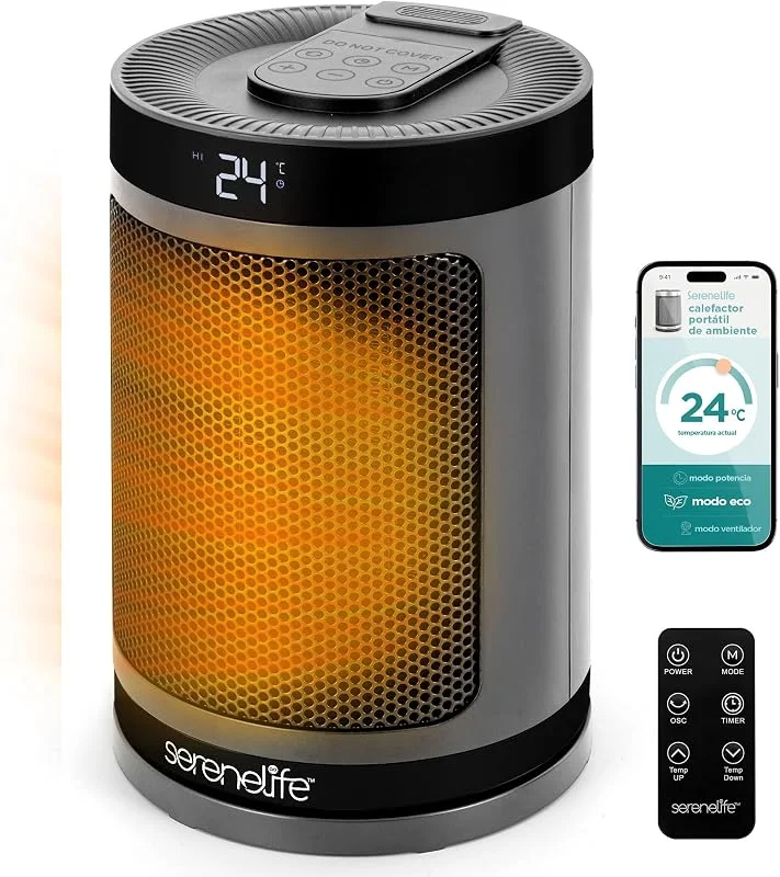 SereneLife Termoventilatore e Stufetta Elettrica da Bagno, 1500 Watt PTC Ceramico Wi-Fi Telecomando Timer 12 h 15 x 15 x 24 cm, Casa e Ufficio, Grigio, Capacità Flusso Aria Elevata, SLSPCHTRW3GY — Riscaldamento