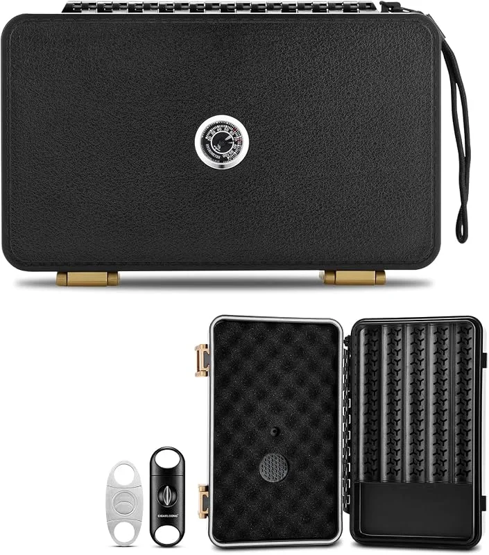 Cigarloong Cantina portatile con umidificatore e igrometro, custodia portaoggetti con 2 tagliacari, capacità per 10 sigari (nero)