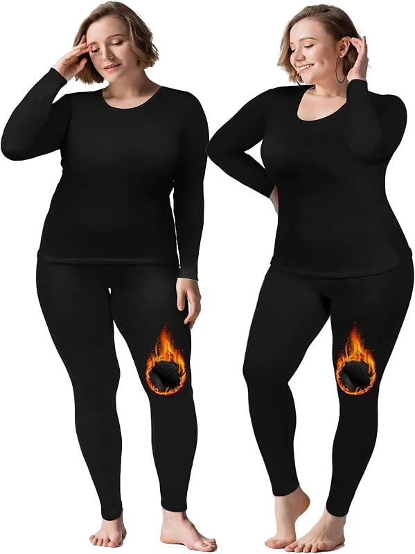 Patelai 2 set di biancheria intima termica lunga da donna, foderati in pile, per pigiama superiore e inferiore per il freddo, nero, 18 Plus — Abbigliamento riscaldato