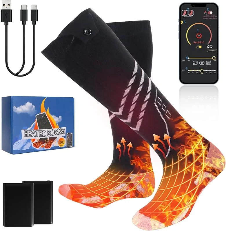 Ninonly Calzini Riscaldati per Uomo e Donna 5000mAh Controllo APP Ricaricabile Calze Riscaldati Elettrici 4 Temperature Calze Riscaldate Batteria per Sci Escursionismo Campeggio M — Abbigliamento riscaldato